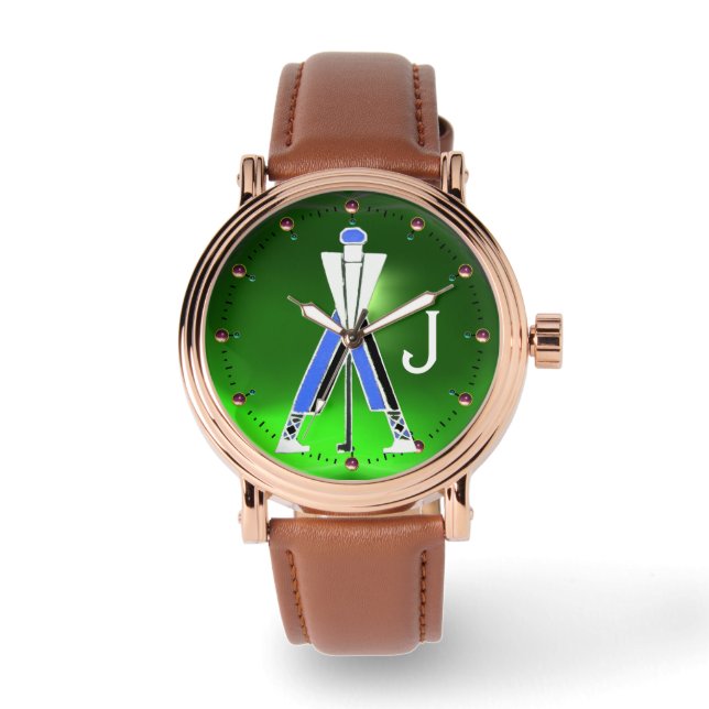 GESTILEERDE GROEN BLAUWE GOLFER, GOLFSPELER MONOGR HORLOGE (Voorkant)