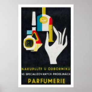 Gestileerde hand die een parfumfles vasthoudt poster