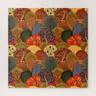 Gestileerde herfstbomen, helder bospatroon. legpuzzel