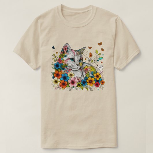 Gestileerde illustratie van kattenbloemen vlinders t-shirt (Design voorkant)