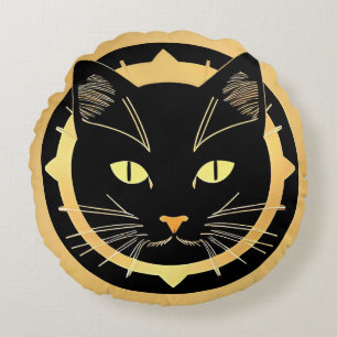 Gestileerde Illustratie van Zwarte Kat Rond Kussen