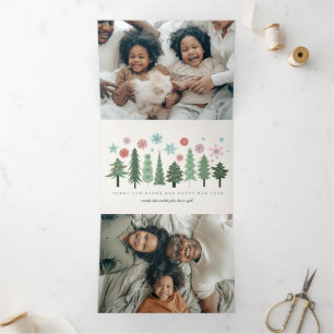 Gestileerde kerstbomen en sneeuwvlokken drieluik wenskaart