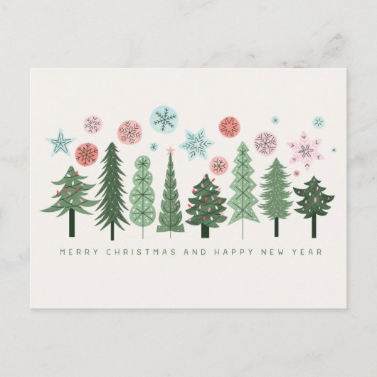 Gestileerde kerstbomen en sneeuwvlokken feestdagenkaart (Voorkant)