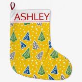 Gestileerde kerstbomen patroon geel en naam grote kerstsok (Voorkant)