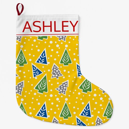 Gestileerde kerstbomen patroon geel en naam grote kerstsok (Voorkant)