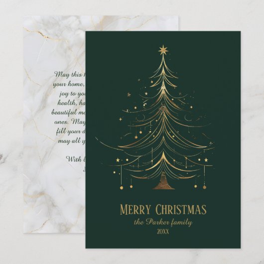 Gestileerde kerstboom in goud op donkere achtergro feestdagenkaart (Voorkant / Achterkant)