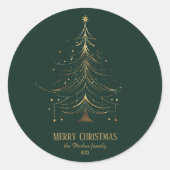 Gestileerde kerstboom in goud op donkere achtergro ronde sticker (Voorkant)