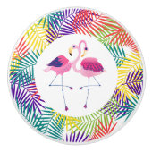 Gestileerde kokosblad & roze flamingo's keramische knop (Voorkant)