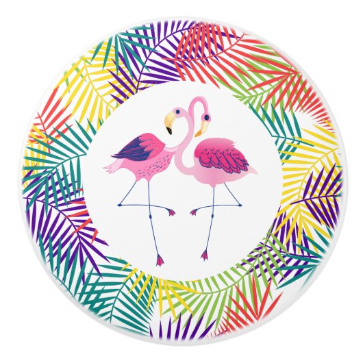 Gestileerde kokosblad & roze flamingo's keramische knop (Voorkant)