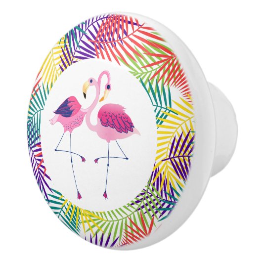 Gestileerde kokosblad & roze flamingo's keramische knop (Rechts)