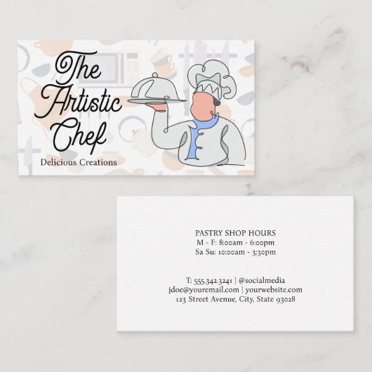 Gestileerde lijntekening van chef-kok visitekaartje (Voorkant / Achterkant)