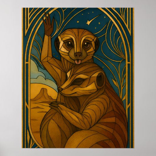 Gestileerde Meerkat Pair onder sterrenhemel Poster (Voorkant)