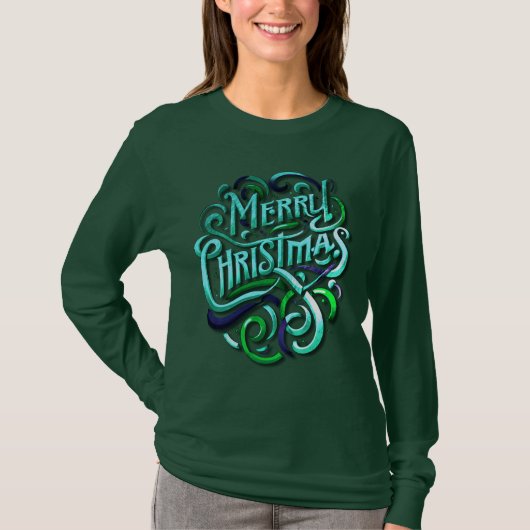 Gestileerde Merry Christmas Blue Turquoise Green T-shirt (Voorkant)