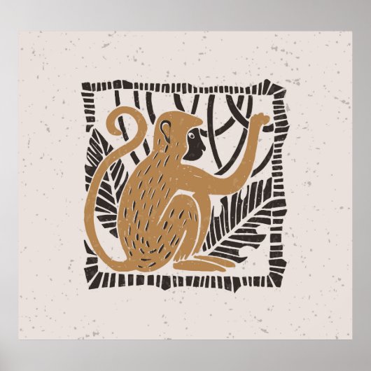 Gestileerde Monkey Linocut Illustratie Poster (Voorkant)