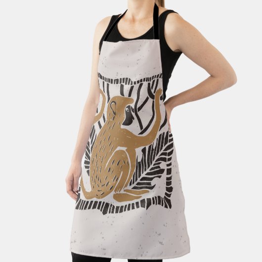 Gestileerde Monkey Linocut Illustratie Schort (Insitu)