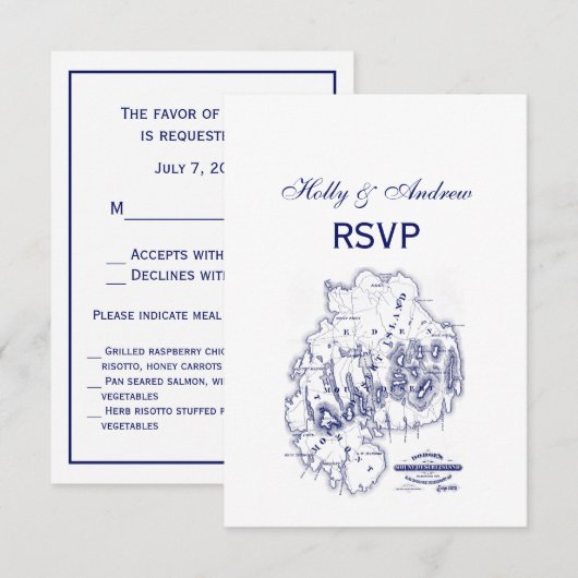  gestileerde Mount Desert Island MN Map Blue RSVP Kaartje (Voorkant / Achterkant)