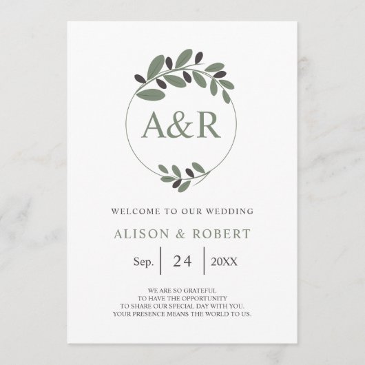 Gestileerde olijftak Mediterrane charme bruiloft Programmakaart (Voorkant)