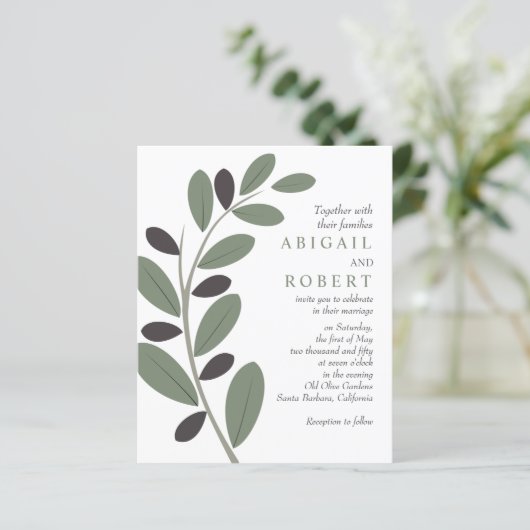 Gestileerde olijftak QR code bruiloft uitnodiging (Staand voorkant)