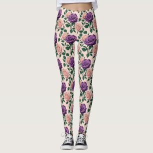 Gestileerde paarse rozen met groene accenten leggings