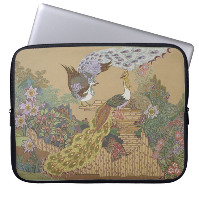 Gestileerde pauwen in bloementuin laptop sleeve (Voorkant)