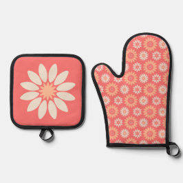 Gestileerde perziken & crème bloemen ovenwant & pannenlap set
