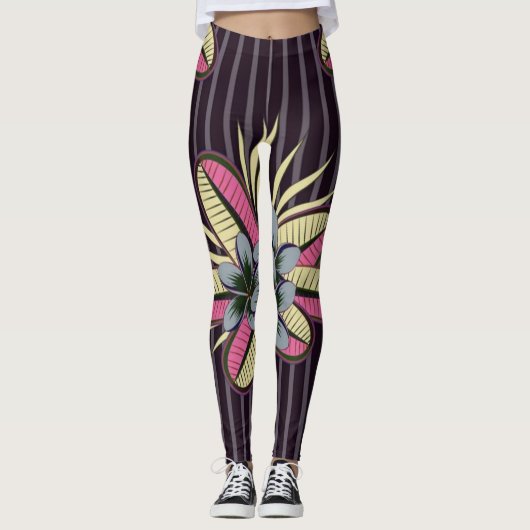 Gestileerde Plumeria Bloemen Bladeren Violet Grijs Leggings (Voorkant)