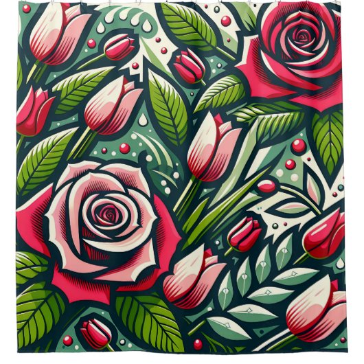 Gestileerde rode rozen met dauwdruppels douchegordijn (Voorkant)