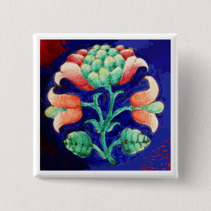 GESTILEERDE ROZE BLOEM, BLAUW GROENE BLOEMEN VIERKANTE BUTTON 5,1 CM