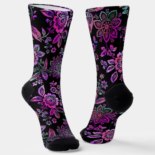 Gestileerde Stencil Roze bloemen op Black Backgrow Sokken (Gebogen)