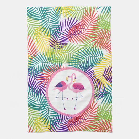 Gestileerde tropische palmbladeren & roze flamingo theedoek (Verticaal)
