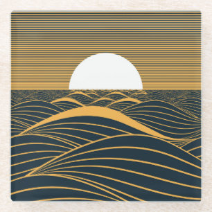 Gestileerde zon-maan, donkere zeeen illustratie. glazen onderzetter