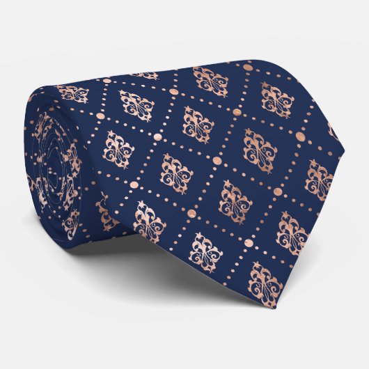 Gestippeld botanisch patroon roze goud marineblauw stropdas (Opgerold)