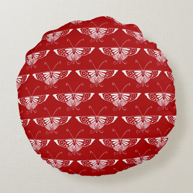 Gestormde Deco-vlinder - donkerrood en wit Rond Kussen (Achterkant)