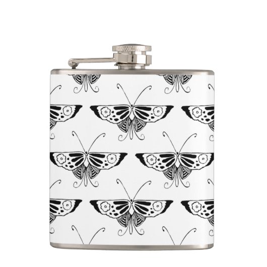 Gestormde Deco-vlinder - wit en zwart Heupfles (Voorkant)