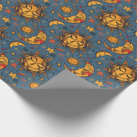Gestormde hand Drawn Boho Sun Moon Stars Blue Cadeaupapier (Hoek)