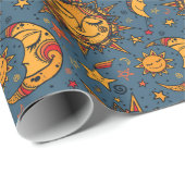 Gestormde hand Drawn Boho Sun Moon Stars Blue Cadeaupapier (Rol Hoek)