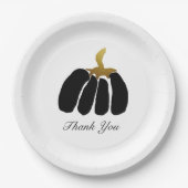 Gestormde pompoenen in zwart, wit en goud papieren bordje (Voorkant)