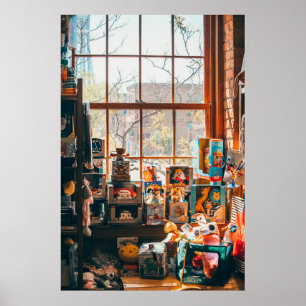 GESTORTE PLUSH TOYS OP BROWN WOODEN SHELF POSTER