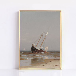 Gestrand Boot Print, Vintage Muurkunst, Zeegezicht Poster