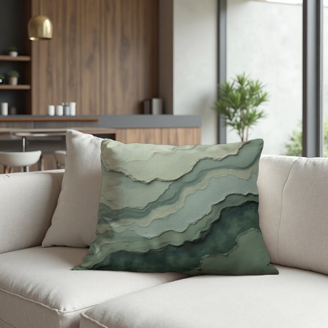 Gestratificeerde salie Abstract - Organic Modern Kussen (Stratified Sage Throw Pillow: Organic Modern Abstract Art for Sophisticated Home Decor.)