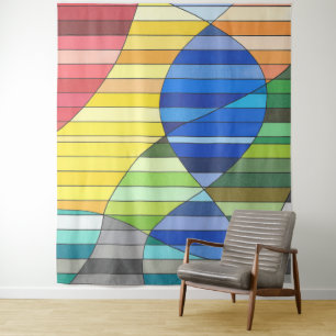 Gestreept Abstract met Gele en Blauwe Vormen Wandkleed