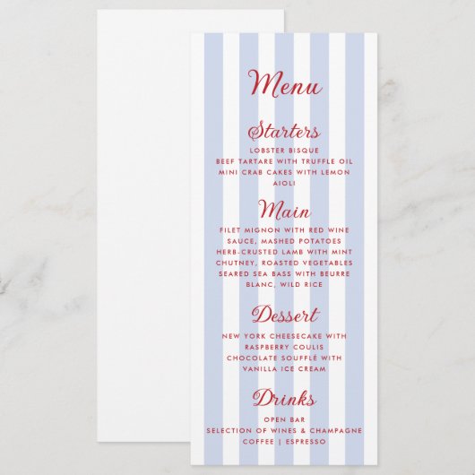 Gestreept blauw en rood huwelijksmenu menu (Voorkant / Achterkant)