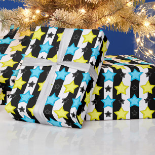 Gestreept Blauw Geel Sterren Patroon Ontwerp Cadeaupapier
