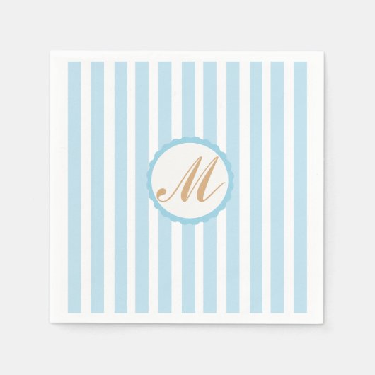 Gestreept blauw wit goud monogram papieren servett servet (Voorkant)