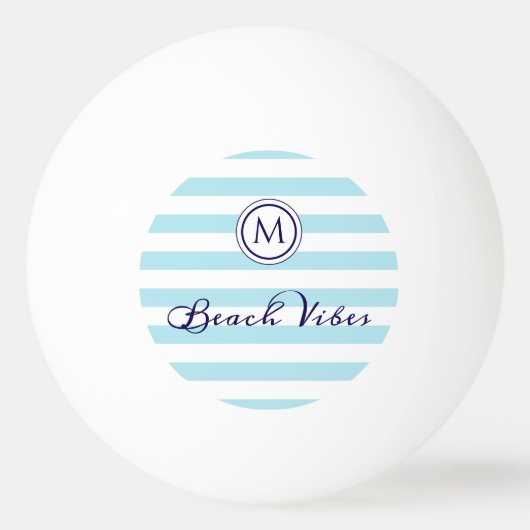 Gestreept Blauw Wit Strand Vibes Preppy Monogram Pingpongbal (Voorkant)