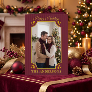 Gestreept Burgundy Merlot Goud Kerst Foto Feestdagen Kaart