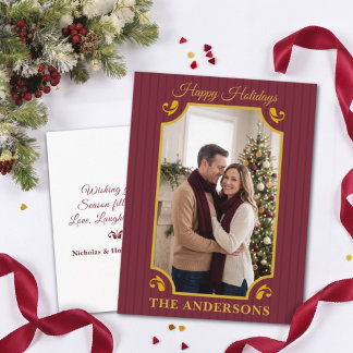 Gestreept Burgundy Merlot Goud Kerst Foto Feestdagenkaart