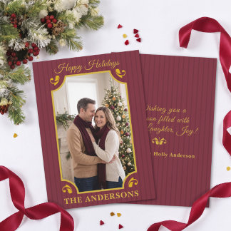 Gestreept Burgundy Merlot Goud Kerst Foto Feestdagenkaart