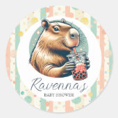 Gestreept Grappige Capybara Aangepaste Naam Baby S Ronde Sticker (Voorkant)