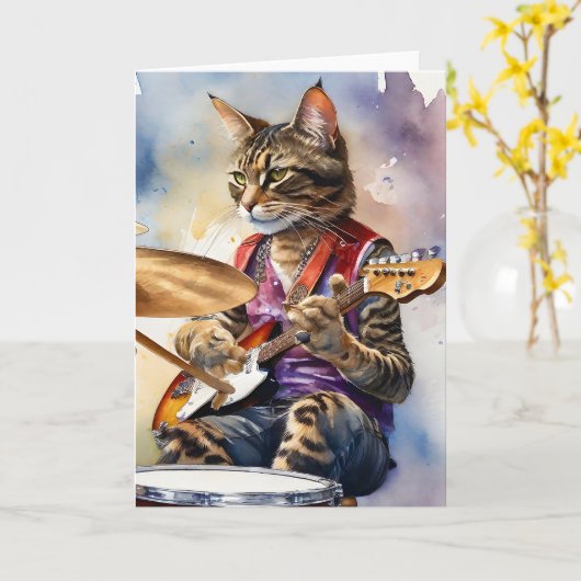 Gestreept Grijs Tabby Cat Rock Star Gitaar spelen Kaart (Gele Bloem)
